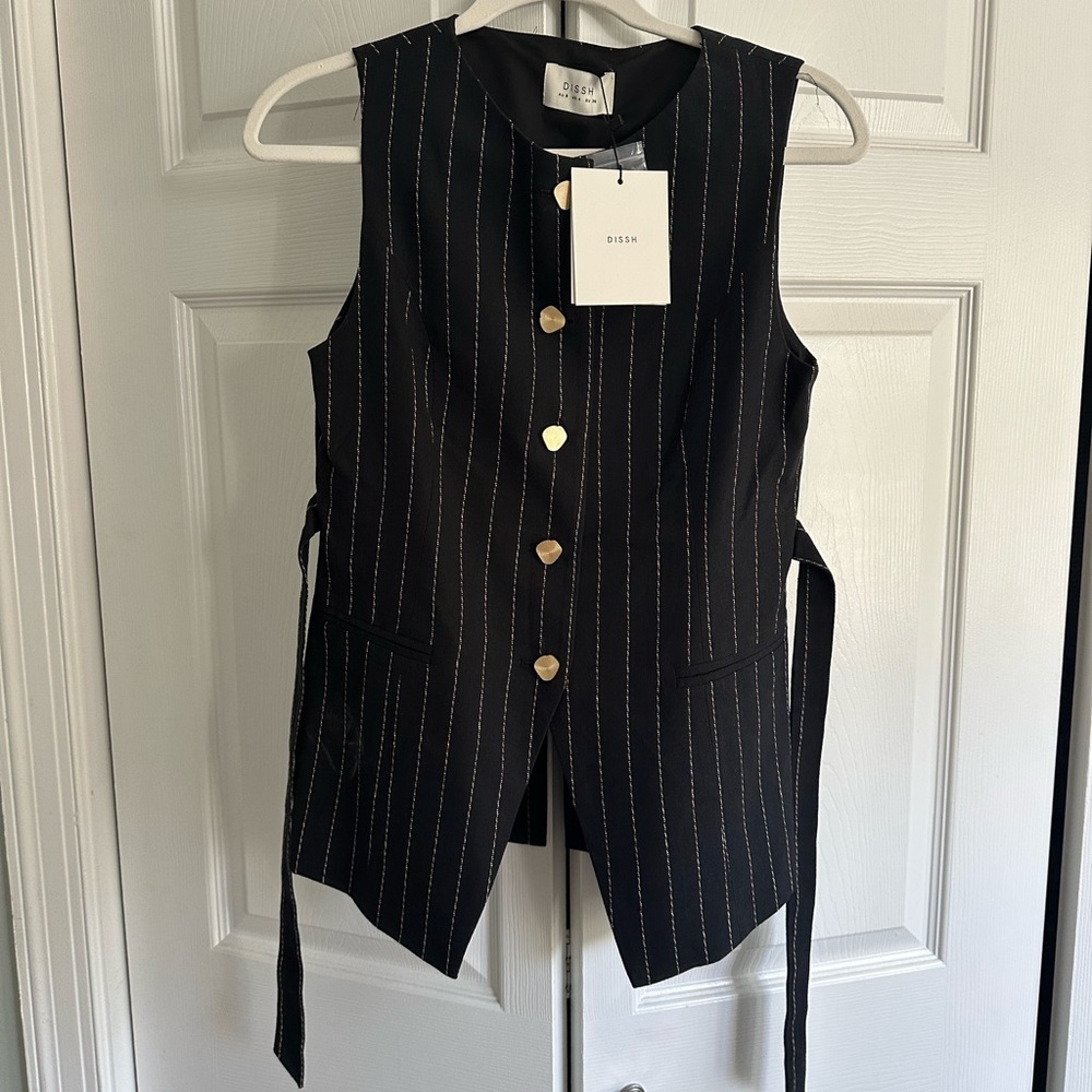 NWT DISSH Black Pinstripe Vest with Gold Buttons